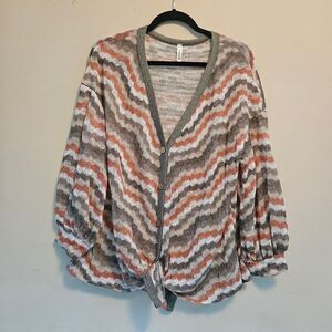 Emerald Pointelle Knit Button Front Tie Cardigan Chevron Stripe Womens XL USA